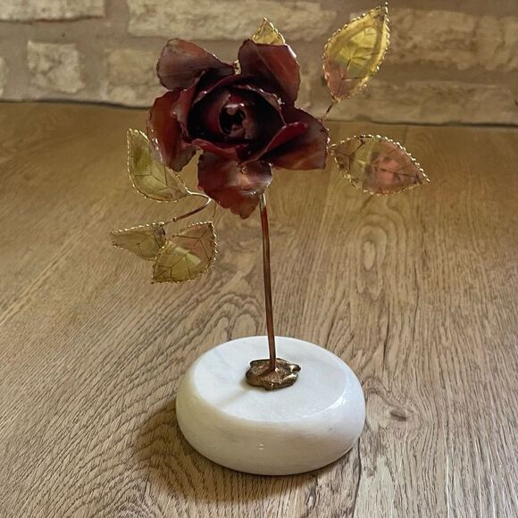 Vintage Single Rose Stem Painted Brass Copper Brutalist Metal Art Marble Base - Picture 6 of 16